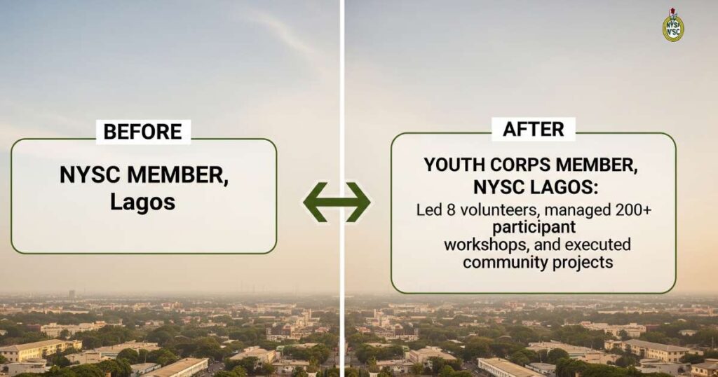 Before-and-after example of reframing NYSC experience for international jobs, emphasizing leadership and project management skills