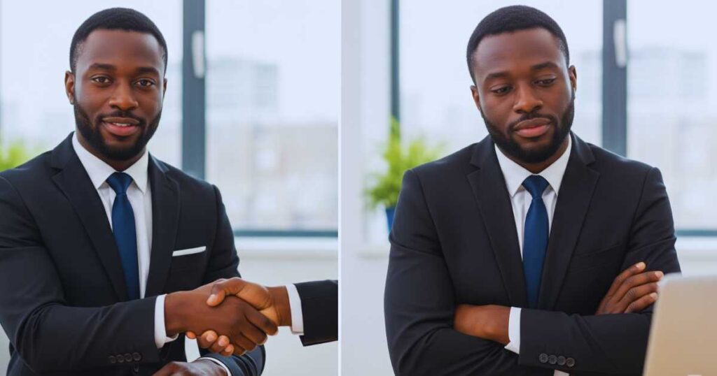 Comparison of positive and negative body language during job interviews showing proper posture and gestures