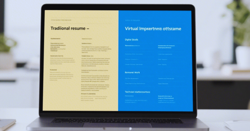 Comparison of traditional and virtual internship optimized resumes showing digital skills and remote work experience highlights