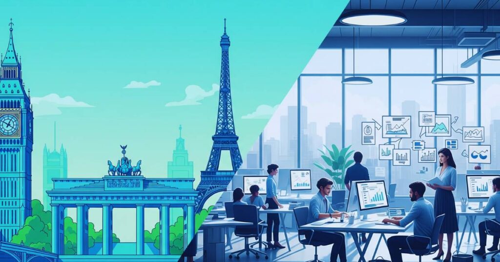European landmarks and modern office workers representing visa sponsorship jobs in Europe for international candidates