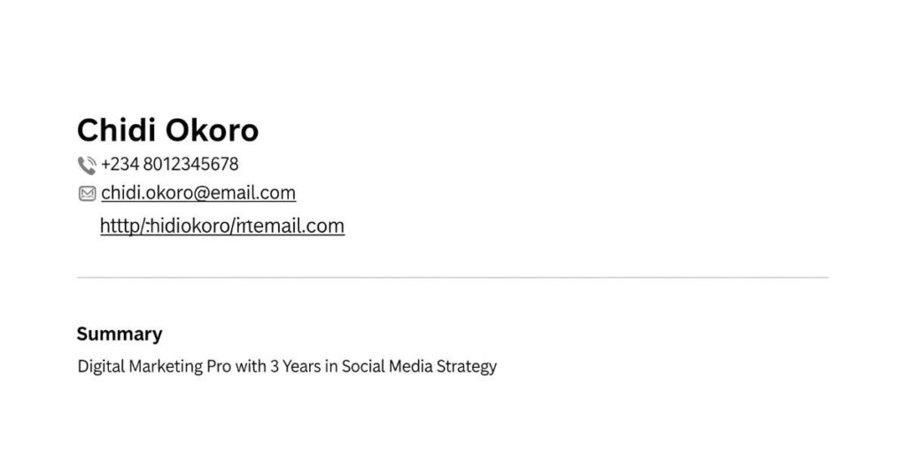 Example of a clean CV header for international jobs, featuring full name, contact details, LinkedIn URL, and a concise professional summary