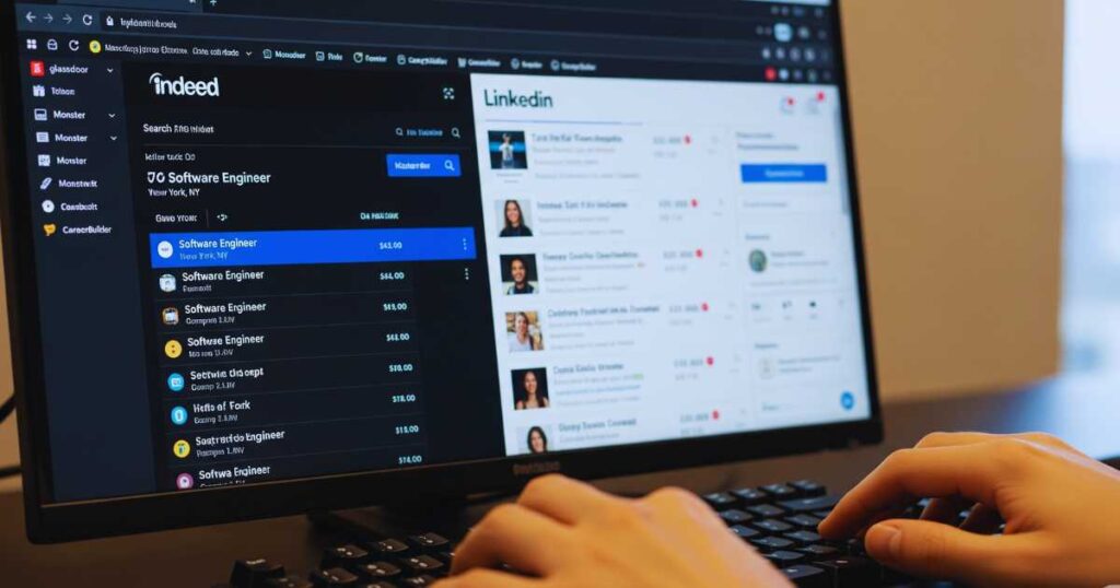 Job seeker using Indeed and LinkedIn to find job postings near me without degree requirements
