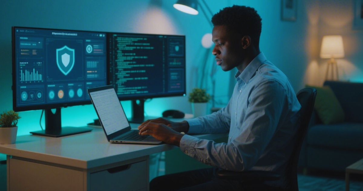 Nigerian cybersecurity professional working remotely on security projects from home office