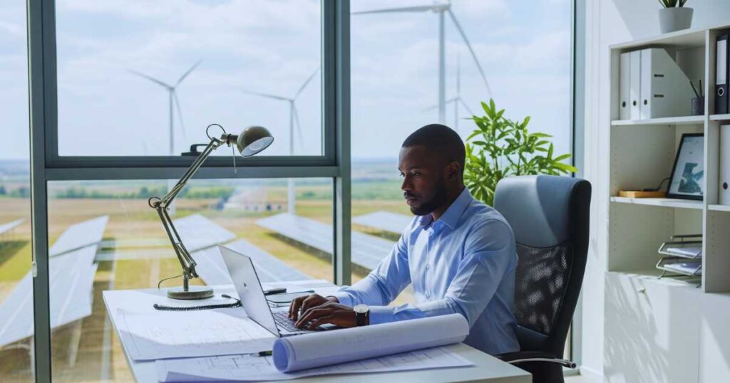 Nigerian engineer working on renewable energy projects in modern office workspace