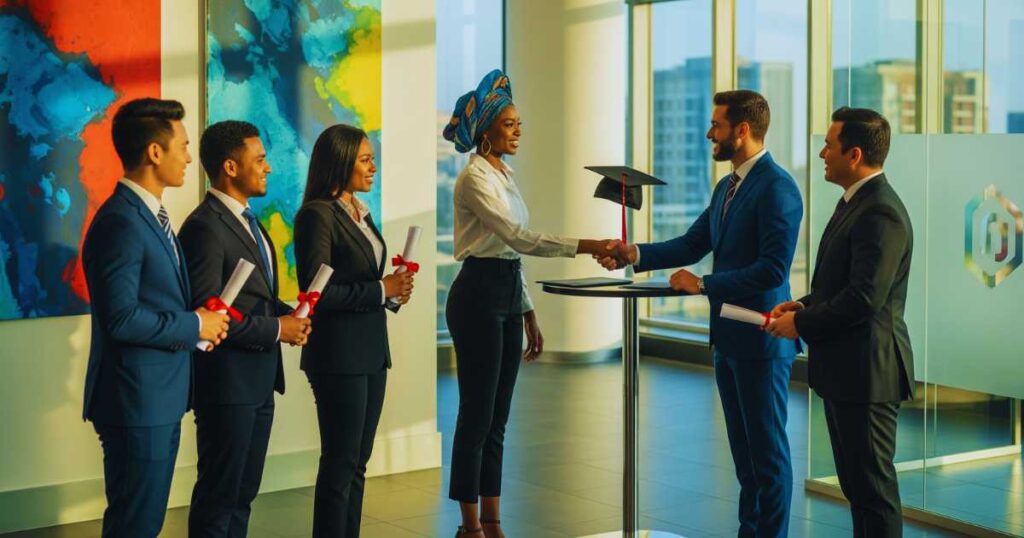 Nigerian engineering graduates celebrating successful internship completion with corporate mentors
engineering internships