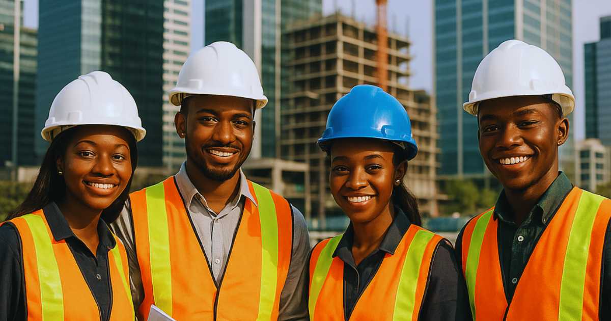 Nigerian engineering students at construction internship site in Lagos wearing safety equipment