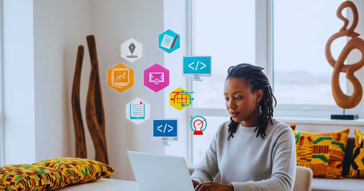 Nigerian freelancer working from home on laptop with freelance work opportunities icons displayed around workspace