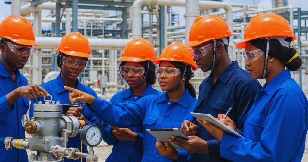 Nigerian petroleum engineering interns examining equipment at oil refinery facility
engineering internships