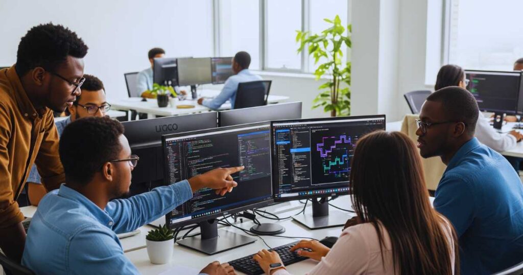 Nigerian software engineering interns collaborating on coding projects in tech office