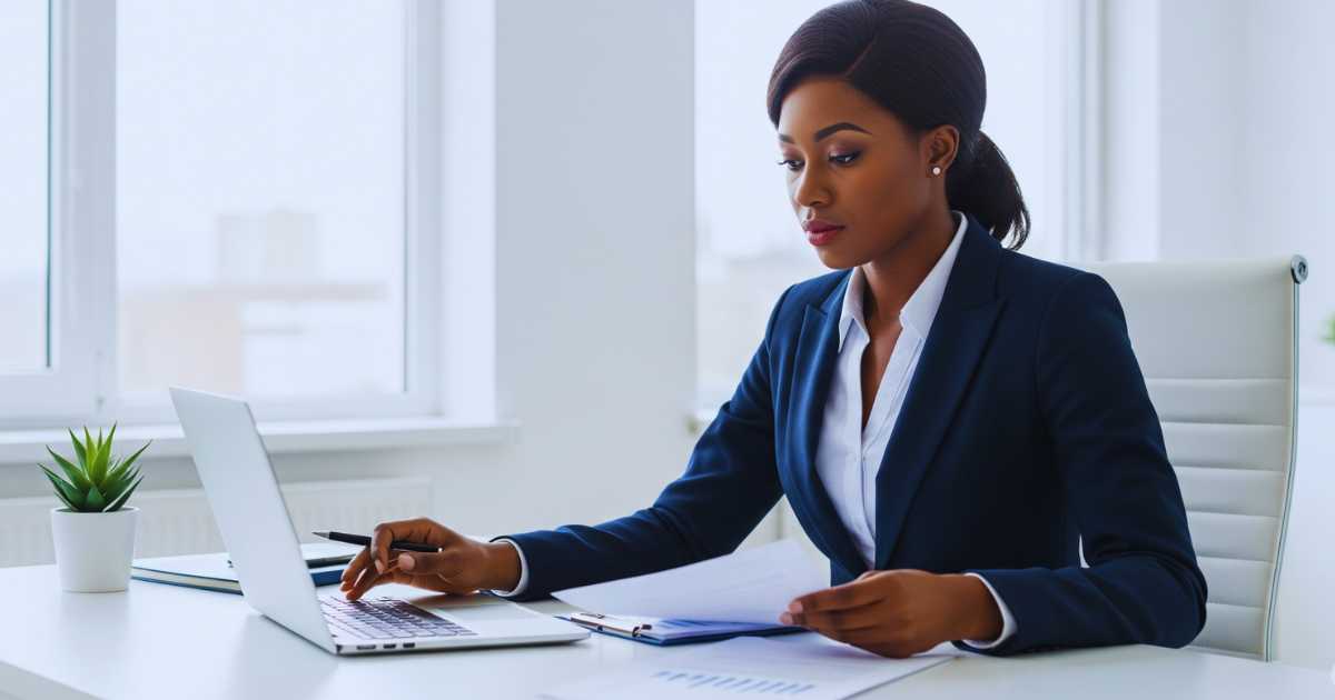 Professional woman preparing for job interview with documents and laptop at office desk