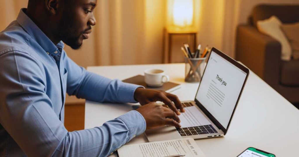 Professional writing follow-up thank you email after job interview preparation on laptop computer