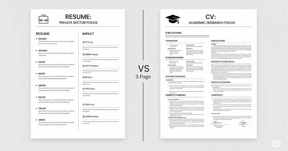 Side-by-side comparison of a resume (1-2 pages, job-specific) and a CV (multi-page, academic focus) for international jobs, highlighting structure and content differences
