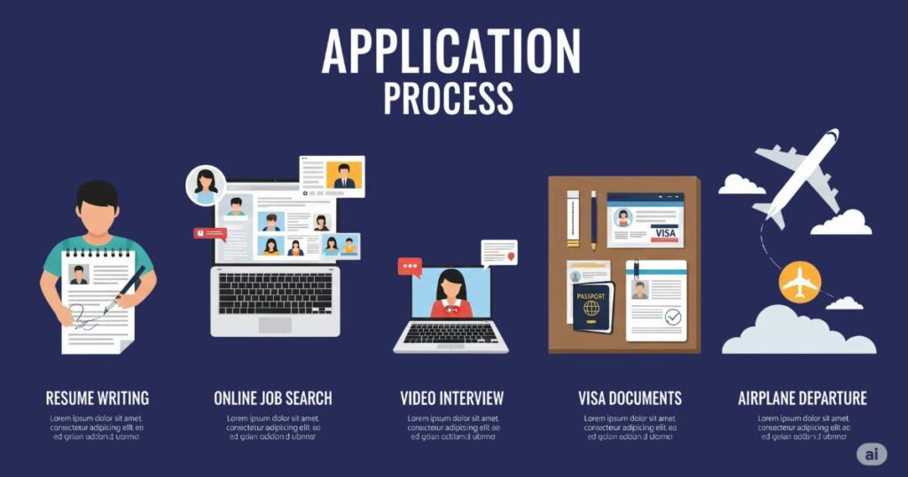 Step-by-step visual guide showing visa sponsorship job application process from resume to departure