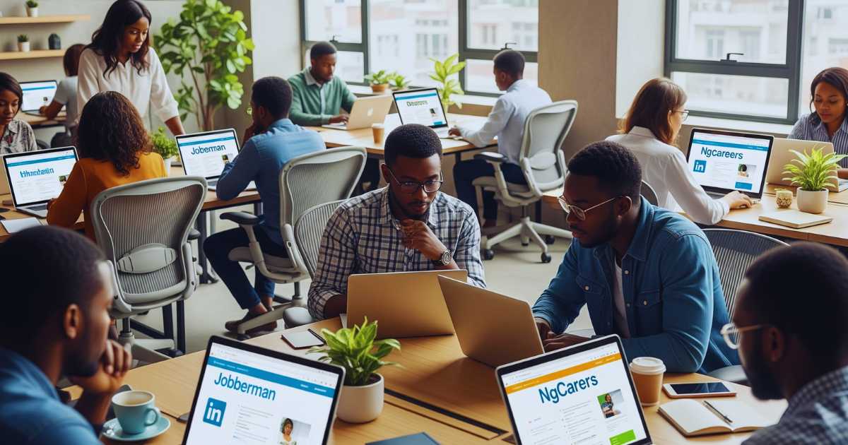 Students and young professionals searching for job postings near me on laptops in modern workspace