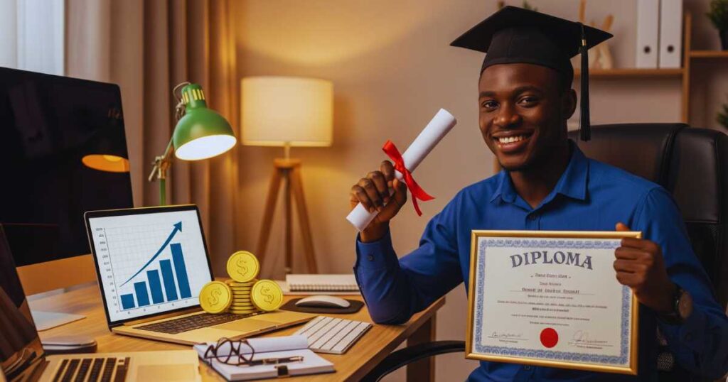 Successful Nigerian freelancer celebrating career growth and financial success through online work opportunities