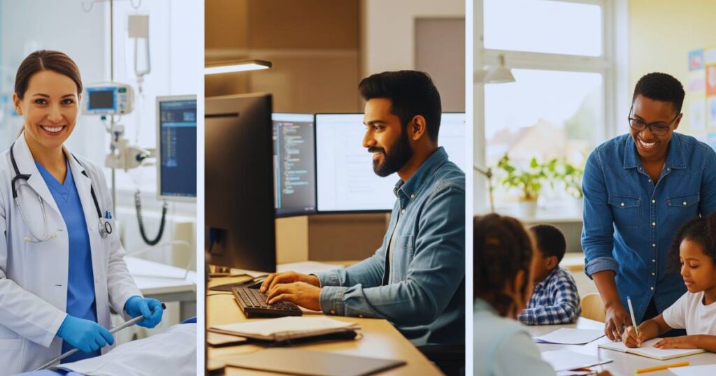 Successful international workers in various visa sponsorship jobs including healthcare, technology, and education sectors