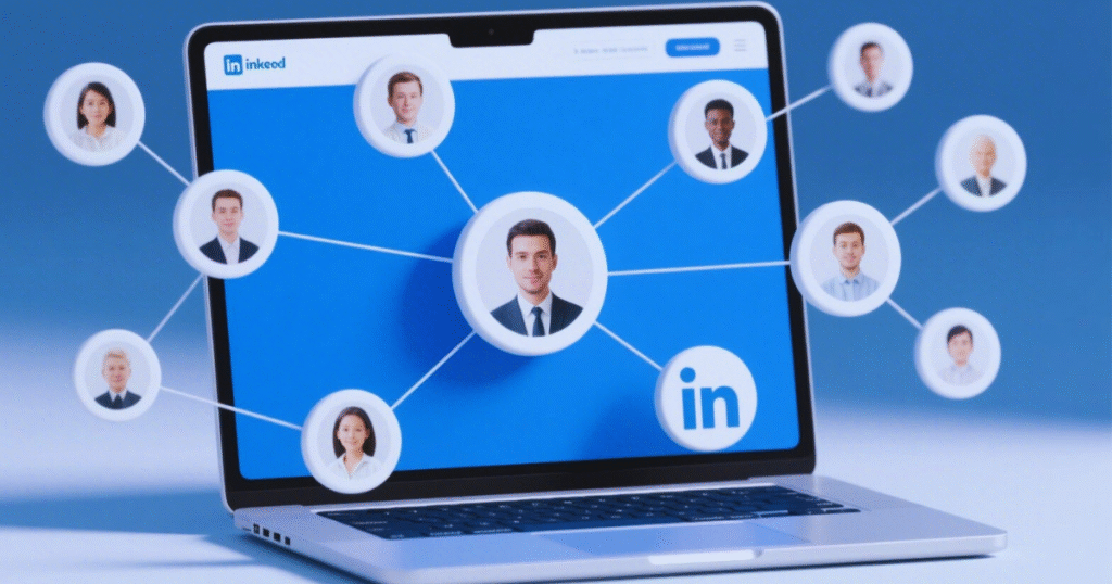 Virtual networking concept for internship success showing professional connections through digital platforms and social media