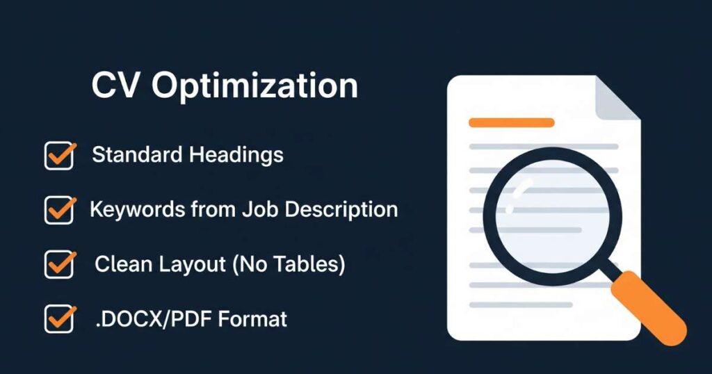 Visual checklist for ATS-friendly CVs, including standard headings, keywords, clean formatting, and file types for international job applications