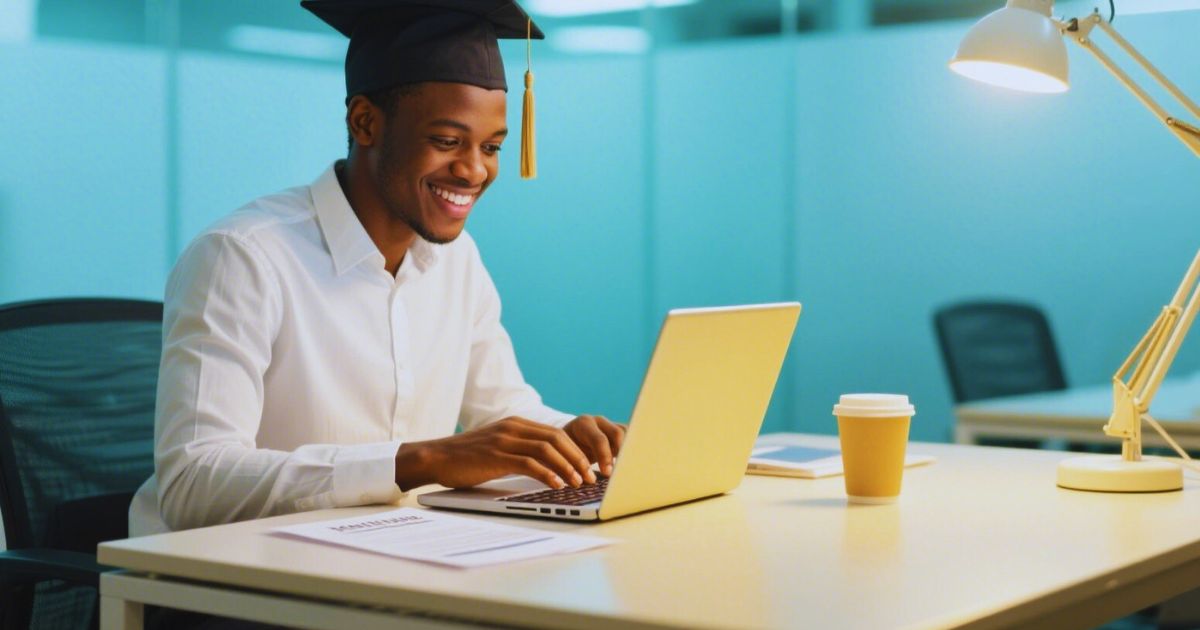 Young professional writing cover letter for an internship application on laptop