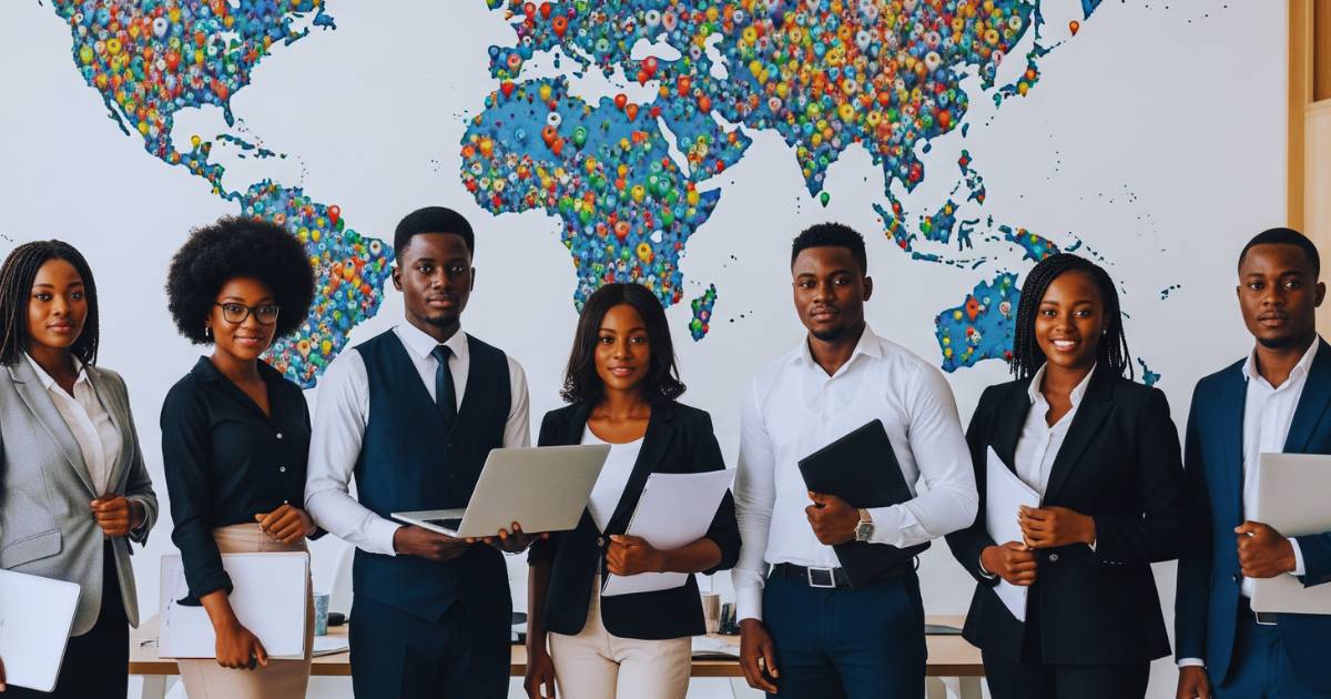 Young professionals with laptops and documents standing before world map showing global visa sponsorship job opportunities