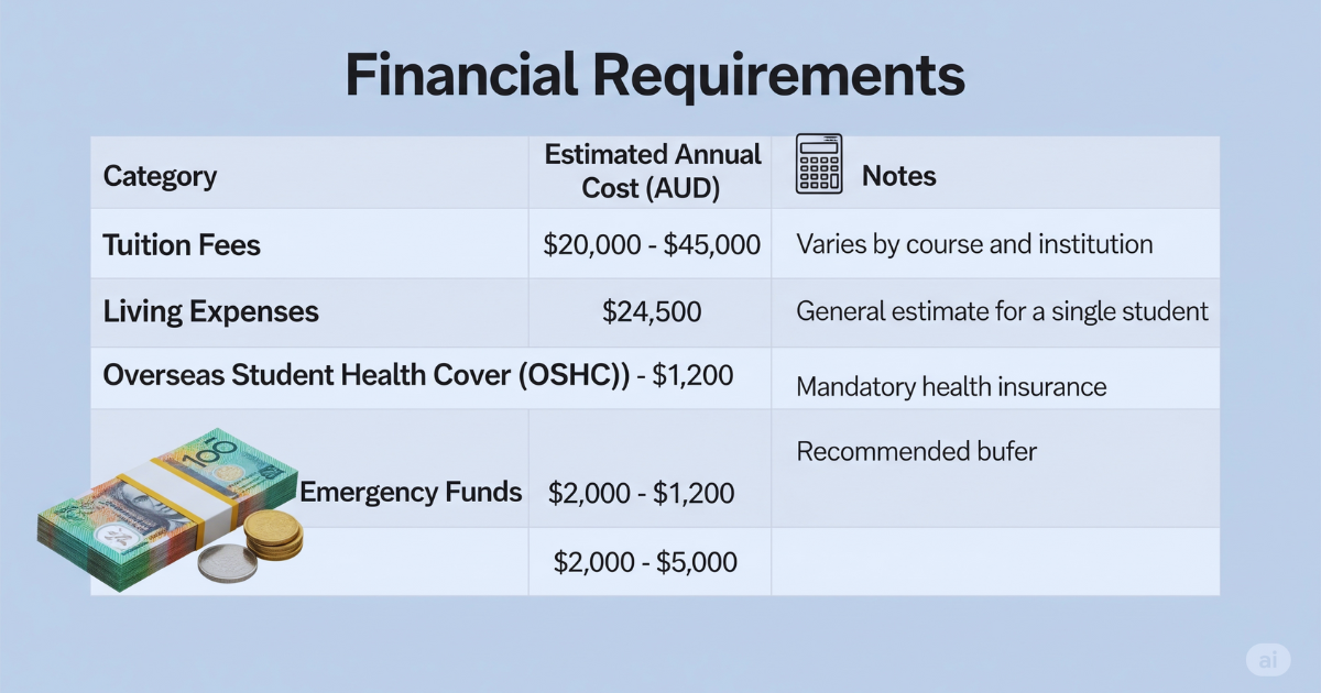 Australian Student Visa financial requirements breakdown table - cost planning guide for Nigerian students