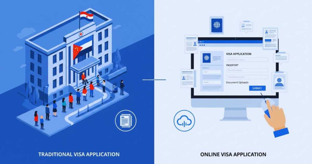 French Student Visa online renewal vs traditional application methods comparison infographic