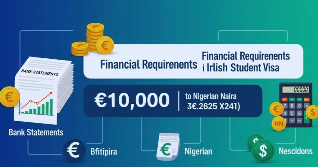 Irish Student Visa financial requirements showing €10,000 minimum for Nigerian students