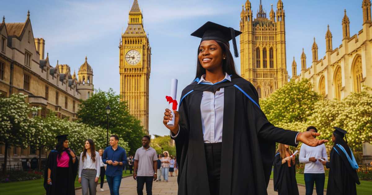 Nigerian student celebrating Masters in the UK graduation with university campus background