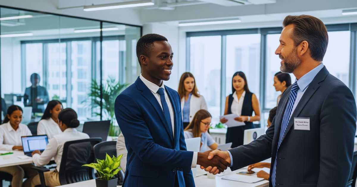 Nigerian student converting internship to full-time job through professional handshake with manager