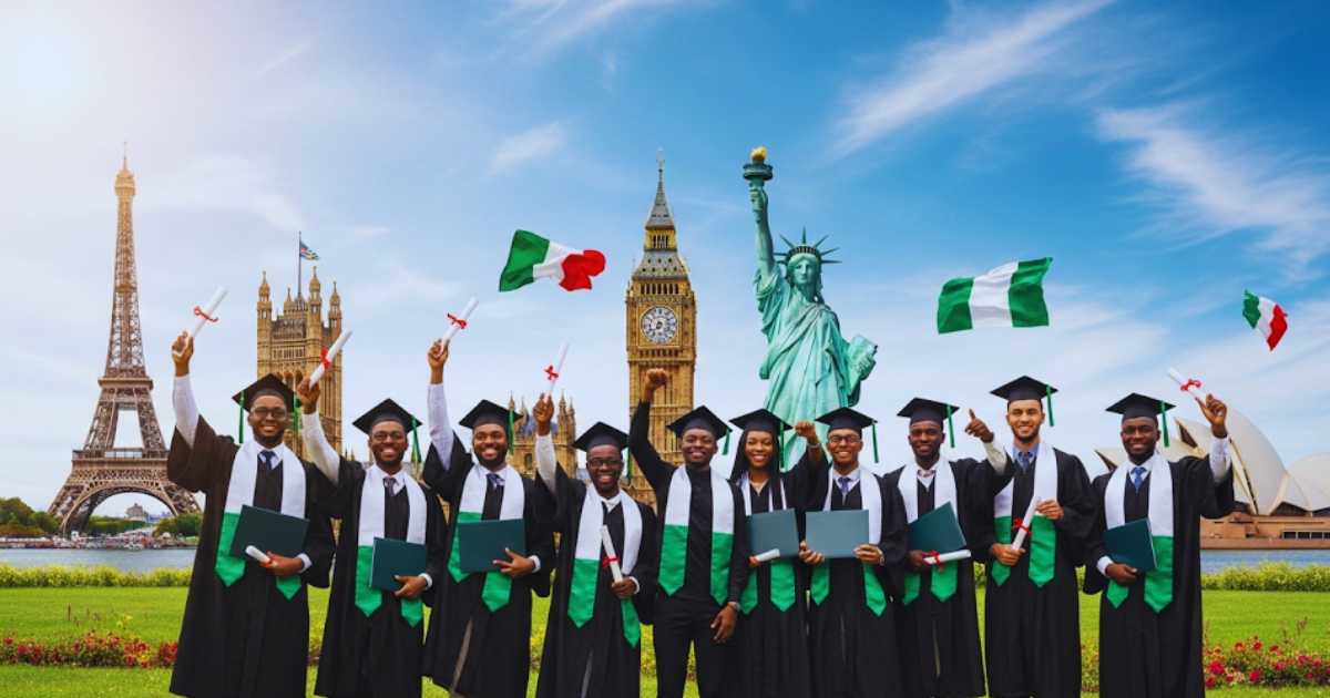 Nigerian students celebrating masters degree graduation with international landmarks representing study abroad opportunities