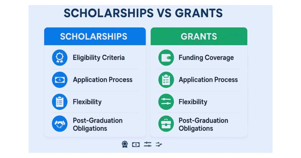 PhD funding comparison infographic showing differences between doctoral scholarships and grants