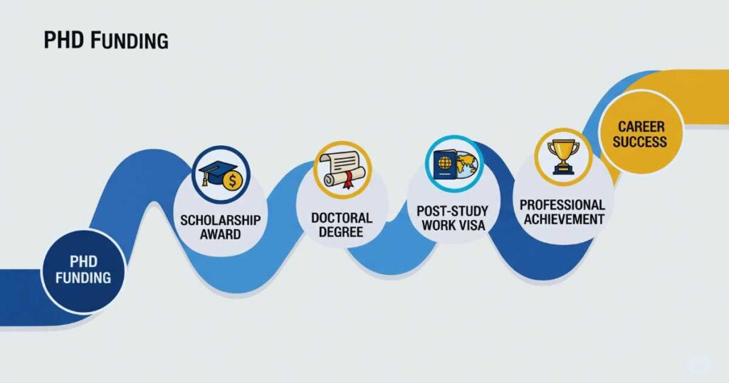 PhD funding pathway leading to immigration benefits and career opportunities abroad

