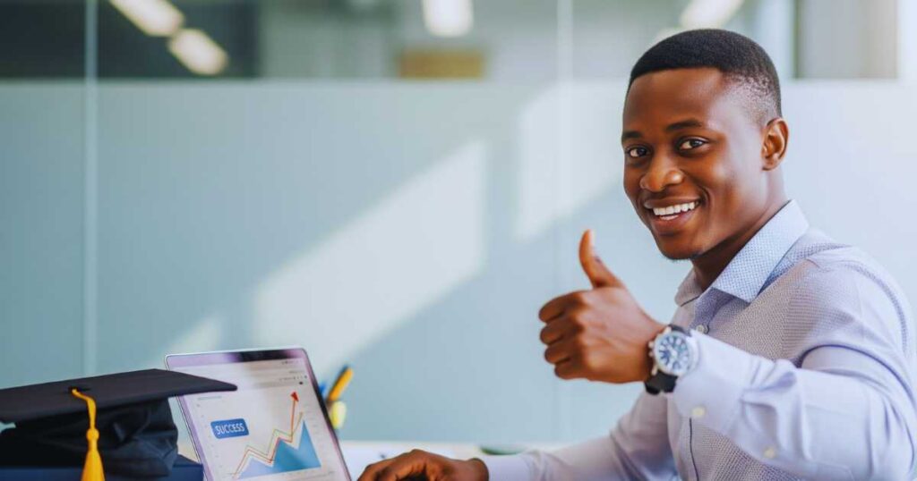 Successful Nigerian graduate celebrating internship conversion to full-time employment opportunity