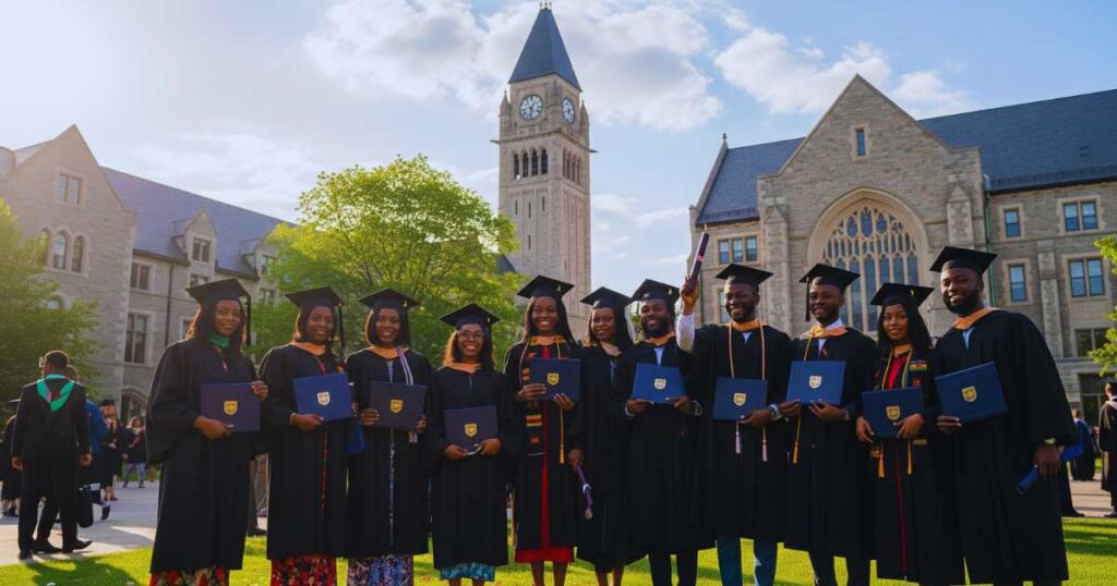 Successful Nigerian graduates with Canada Student Visa celebrating at Canadian university