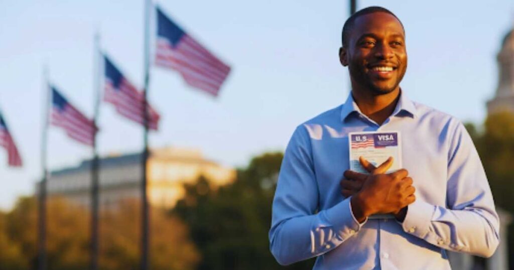 Successful international professional celebrating visa approval to work in USA